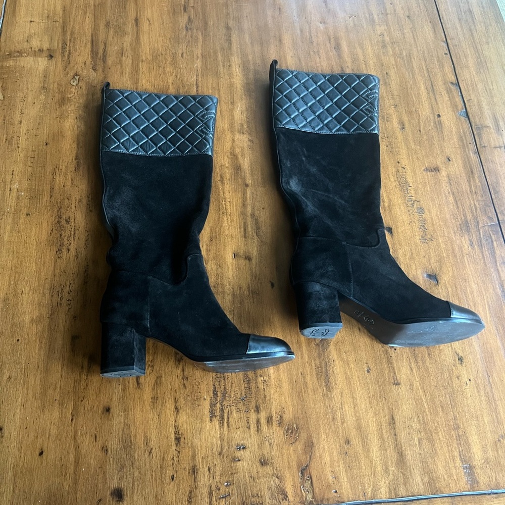 CC black suede & quilted leather knee-high cap toe ridding boots SZ 41 EU 9 US - Picture 7 of 16